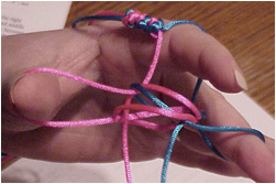 picture of hand tying a prayer rope knot