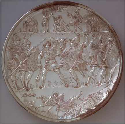 Byzantine plate embossed with scene of David fighting Goliath